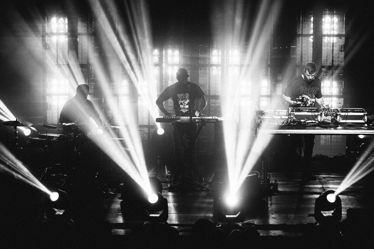 Black and white image of Keys N Krates 2016 tour stage featuring LED backdrop