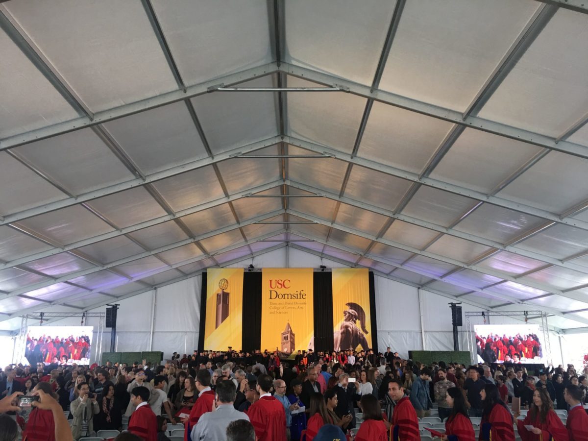 Image of LED Displa at USC’s Dornsife PhD Hooding ceremony