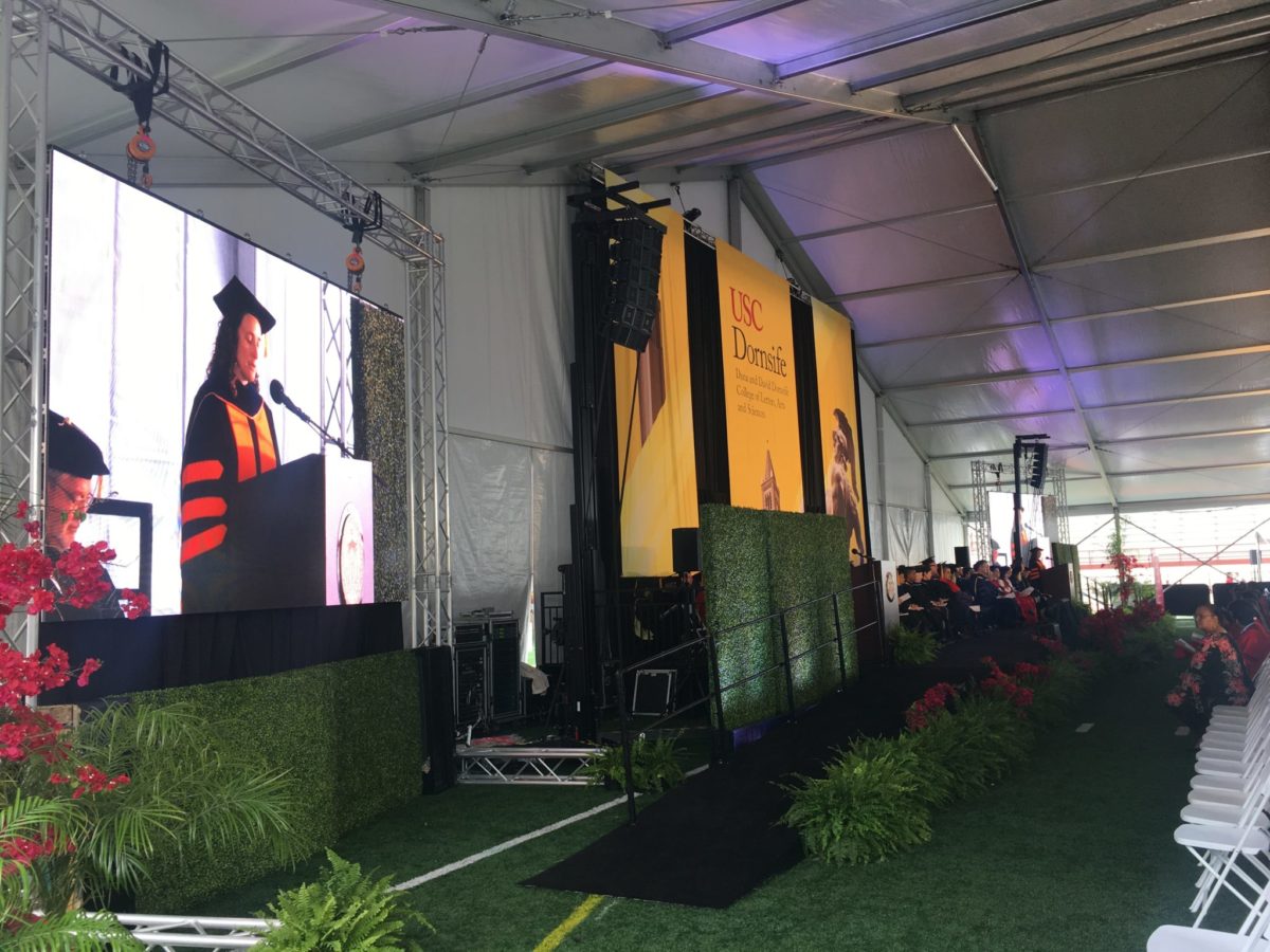 Image of LED Displa at USC’s Dornsife PhD Hooding ceremony