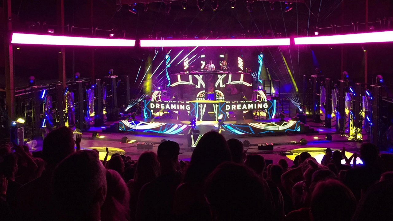 Image of concert stage at Red Rocks and performers Chainsmokers